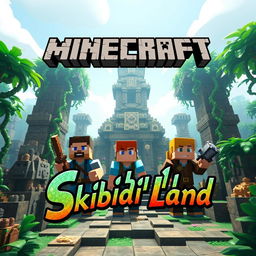 A striking Minecraft scene depicting two men and a woman exploring an ancient temple, surrounded by enigmatic artifacts and lush jungle vines