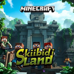 A striking Minecraft scene depicting two men and a woman exploring an ancient temple, surrounded by enigmatic artifacts and lush jungle vines