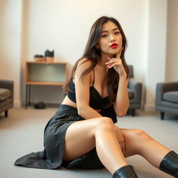 A beautiful Taiwanese woman, sitting in a playful pose with her lips puckered in a kissy expression