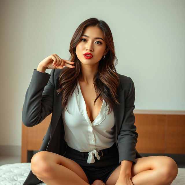 A beautiful Taiwanese woman, sitting in a playful pose with her lips puckered in a kissy expression