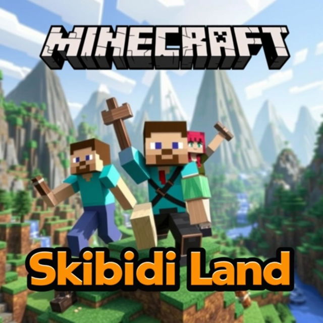 A dynamic Minecraft scene showing two men and a woman in an imaginative landscape, perhaps featuring a mix of terrains like mountains, forests, and rivers that encapsulate the adventurous essence of Minecraft