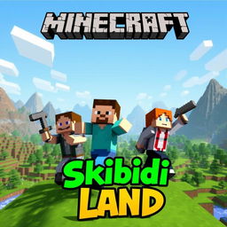 A dynamic Minecraft scene showing two men and a woman in an imaginative landscape, perhaps featuring a mix of terrains like mountains, forests, and rivers that encapsulate the adventurous essence of Minecraft