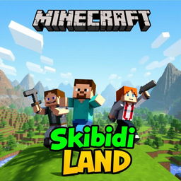 A dynamic Minecraft scene showing two men and a woman in an imaginative landscape, perhaps featuring a mix of terrains like mountains, forests, and rivers that encapsulate the adventurous essence of Minecraft