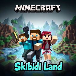 A dynamic Minecraft scene showing two men and a woman in an imaginative landscape, perhaps featuring a mix of terrains like mountains, forests, and rivers that encapsulate the adventurous essence of Minecraft