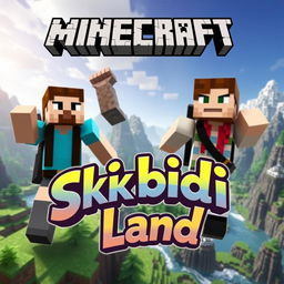 A dynamic Minecraft scene showing two men and a woman in an imaginative landscape, perhaps featuring a mix of terrains like mountains, forests, and rivers that encapsulate the adventurous essence of Minecraft