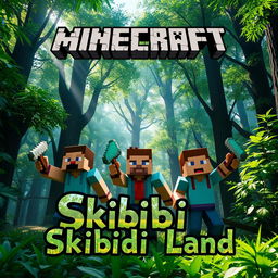 A lively Minecraft scene set in a dense, verdant forest featuring two men and a woman