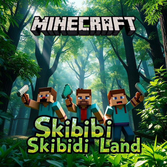 A lively Minecraft scene set in a dense, verdant forest featuring two men and a woman