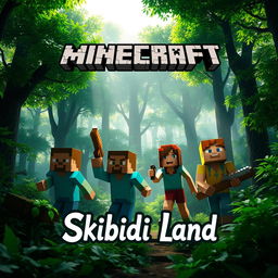 A lively Minecraft scene set in a dense, verdant forest featuring two men and a woman