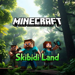 A lively Minecraft scene set in a dense, verdant forest featuring two men and a woman