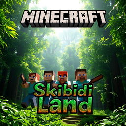 A lively Minecraft scene set in a dense, verdant forest featuring two men and a woman