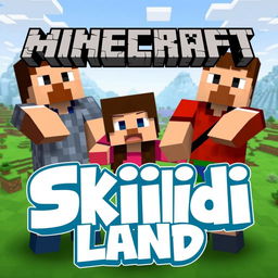 A vibrant and engaging Minecraft thumbnail featuring two men and a woman standing together in a dynamic pose