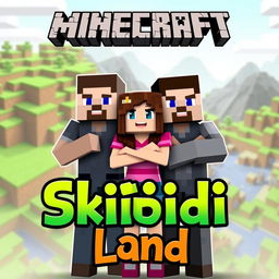 A vibrant and engaging Minecraft thumbnail featuring two men and a woman standing together in a dynamic pose