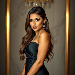 A stunning and attractive woman with a confident pose, wearing a stylish evening gown that accentuates her curves