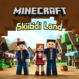 A captivating Minecraft thumbnail featuring two men and a woman in a bustling village setting