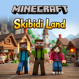 A captivating Minecraft thumbnail featuring two men and a woman in a bustling village setting