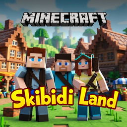 A captivating Minecraft thumbnail featuring two men and a woman in a bustling village setting