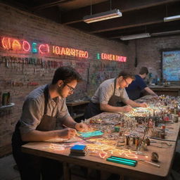 A bustling neon sign workshop, filled with multicolored lights casting a vibrant glow onto various tools, sketches, metal tubes, glass and gasses. Workers carefully bend glass and assemble glowing letters against a backdrop of brick walls.