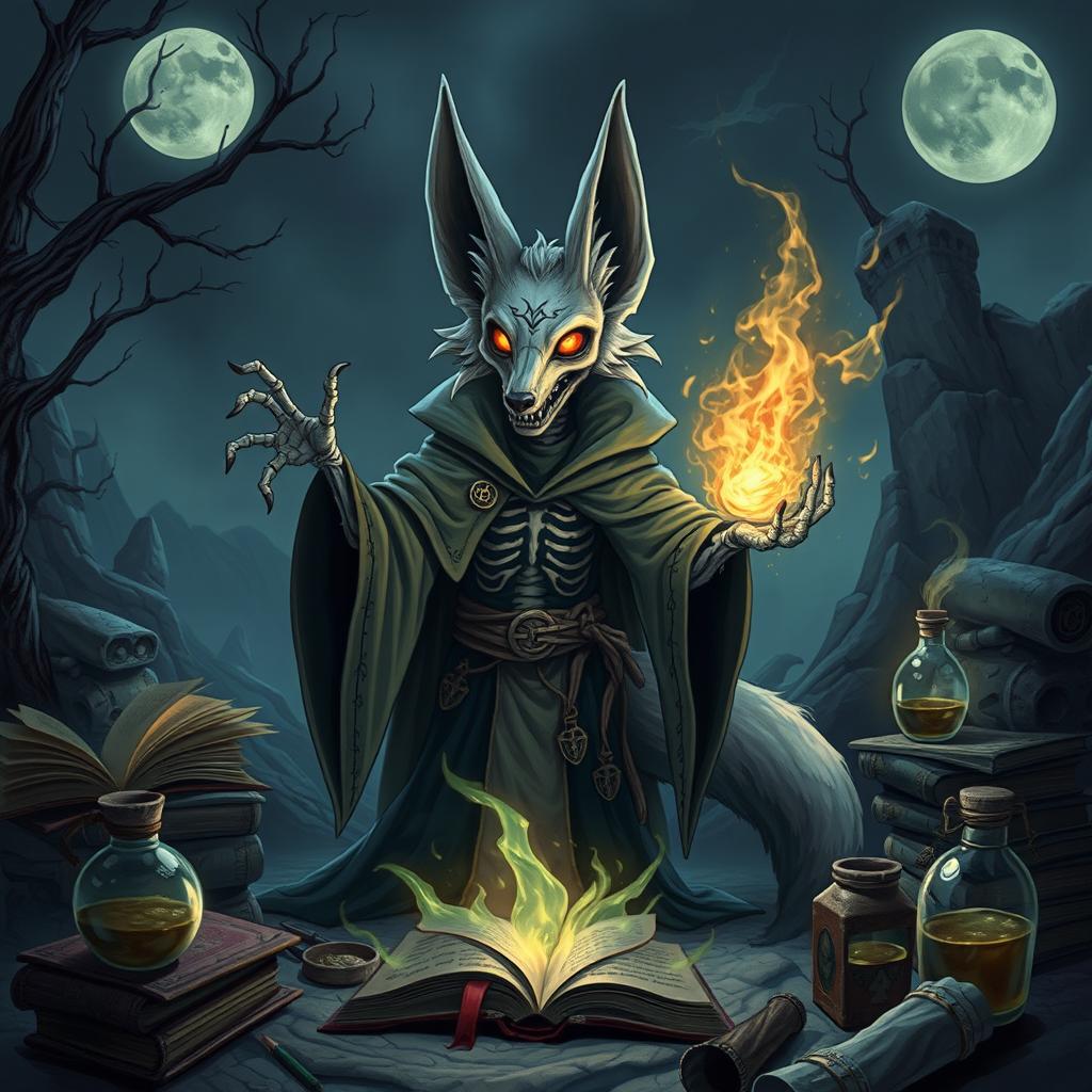 Undead Fennec Fox Wizard casting a spell in a fantasy landscape