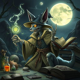 Undead Fennec Fox Wizard casting a spell in a fantasy landscape