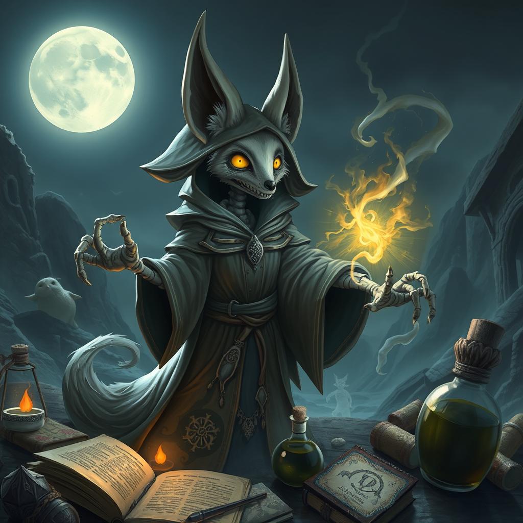 Undead Fennec Fox Wizard casting a spell in a fantasy landscape