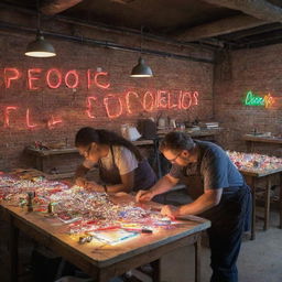 A bustling neon sign workshop, filled with multicolored lights casting a vibrant glow onto various tools, sketches, metal tubes, glass and gasses. Workers carefully bend glass and assemble glowing letters against a backdrop of brick walls.