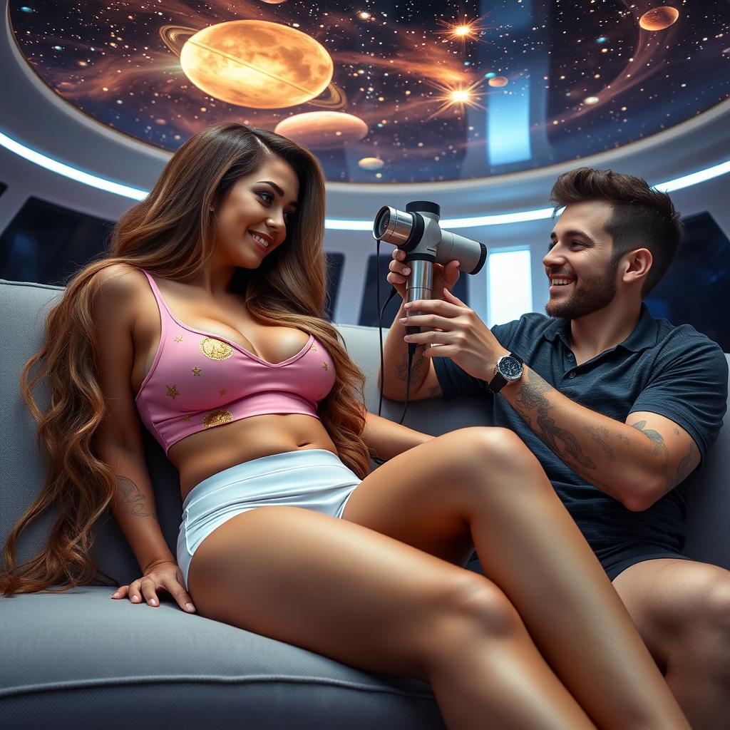 A sexy 38-year-old woman with long chestnut hair with blonde highlights, who has a stunning 42DD curvy figure, is reclining on a sofa in a futuristic room