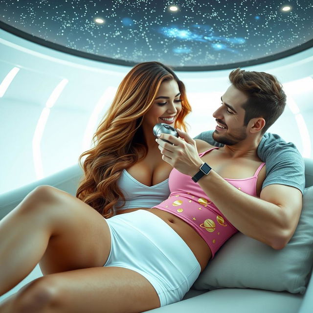 A sexy 38-year-old woman with long chestnut hair with blonde highlights, who has a stunning 42DD curvy figure, is reclining on a sofa in a futuristic room