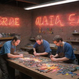 A bustling neon sign workshop, filled with multicolored lights casting a vibrant glow onto various tools, sketches, metal tubes, glass and gasses. Workers carefully bend glass and assemble glowing letters against a backdrop of brick walls.