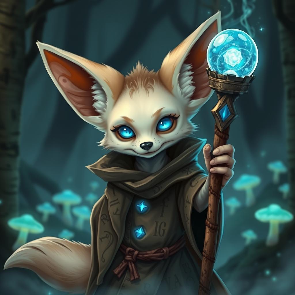 A cute undead Fennec fox dressed as a wizard in a DnD fantasy style, featuring oversized ears and glowing cyan eyes