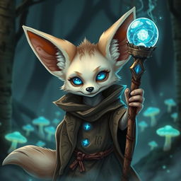 A cute undead Fennec fox dressed as a wizard in a DnD fantasy style, featuring oversized ears and glowing cyan eyes