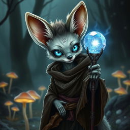 A cute undead Fennec fox dressed as a wizard in a DnD fantasy style, featuring oversized ears and glowing cyan eyes