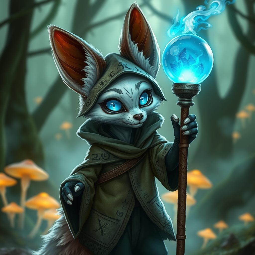 A cute undead Fennec fox dressed as a wizard in a DnD fantasy style, featuring oversized ears and glowing cyan eyes