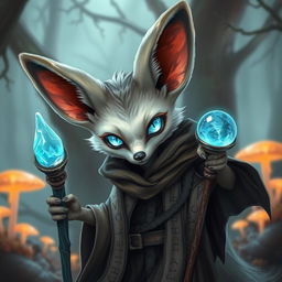 A cute undead Fennec fox dressed as a wizard in a DnD fantasy style, featuring oversized ears and glowing cyan eyes