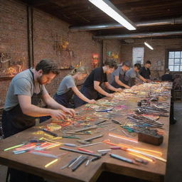 A bustling neon sign workshop, filled with multicolored lights casting a vibrant glow onto various tools, sketches, metal tubes, glass and gasses. Workers carefully bend glass and assemble glowing letters against a backdrop of brick walls.