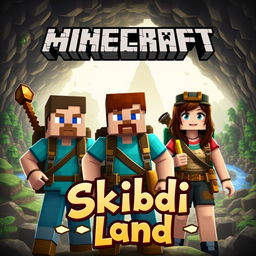 An adventurous Minecraft thumbnail featuring two men and a woman in an exciting explorer setting
