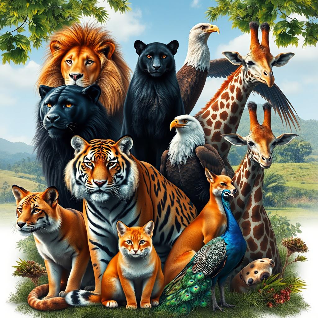 A majestic portrait of a diverse group of animals, including a lion, black panther, tiger, cat, eagle, fox, giraffe, and peacock, gathered in a serene natural setting