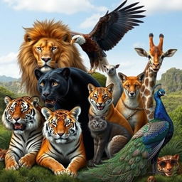 A majestic portrait of a diverse group of animals, including a lion, black panther, tiger, cat, eagle, fox, giraffe, and peacock, gathered in a serene natural setting