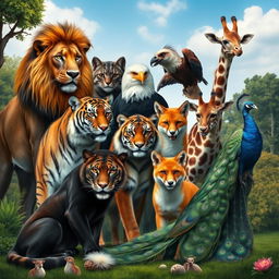 A majestic portrait of a diverse group of animals, including a lion, black panther, tiger, cat, eagle, fox, giraffe, and peacock, gathered in a serene natural setting