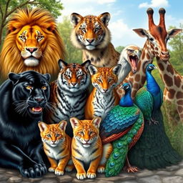 A majestic portrait of a diverse group of animals, including a lion, black panther, tiger, cat, eagle, fox, giraffe, and peacock, gathered in a serene natural setting