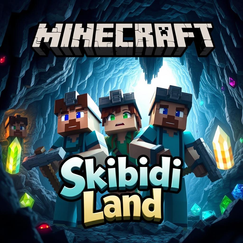 A captivating Minecraft thumbnail featuring two men and a woman within a mysterious cave setting