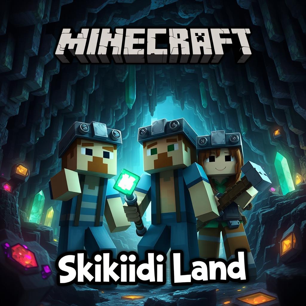 A captivating Minecraft thumbnail featuring two men and a woman within a mysterious cave setting