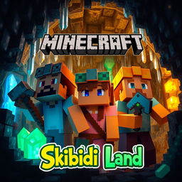 A captivating Minecraft thumbnail featuring two men and a woman within a mysterious cave setting