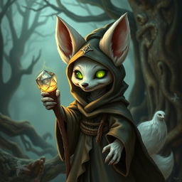 A cute undead Fennec fox wizard, adorned with a tattered but charming wizard robe, clutching a wooden staff topped with a glowing crystal