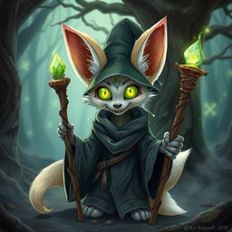 A cute undead Fennec fox wizard, adorned with a tattered but charming wizard robe, clutching a wooden staff topped with a glowing crystal