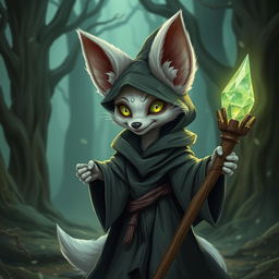 A cute undead Fennec fox wizard, adorned with a tattered but charming wizard robe, clutching a wooden staff topped with a glowing crystal