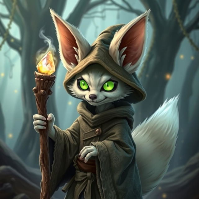 A cute undead Fennec fox wizard, adorned with a tattered but charming wizard robe, clutching a wooden staff topped with a glowing crystal