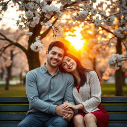 A romantic couple sitting on a bench in a park during a warm sunset, surrounded by blooming cherry blossom trees