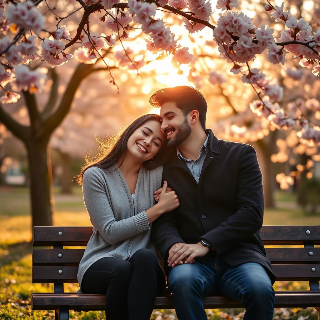 A romantic couple sitting on a bench in a park during a warm sunset, surrounded by blooming cherry blossom trees