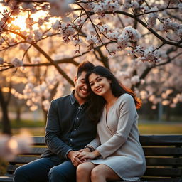 A romantic couple sitting on a bench in a park during a warm sunset, surrounded by blooming cherry blossom trees