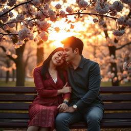 A romantic couple sitting on a bench in a park during a warm sunset, surrounded by blooming cherry blossom trees